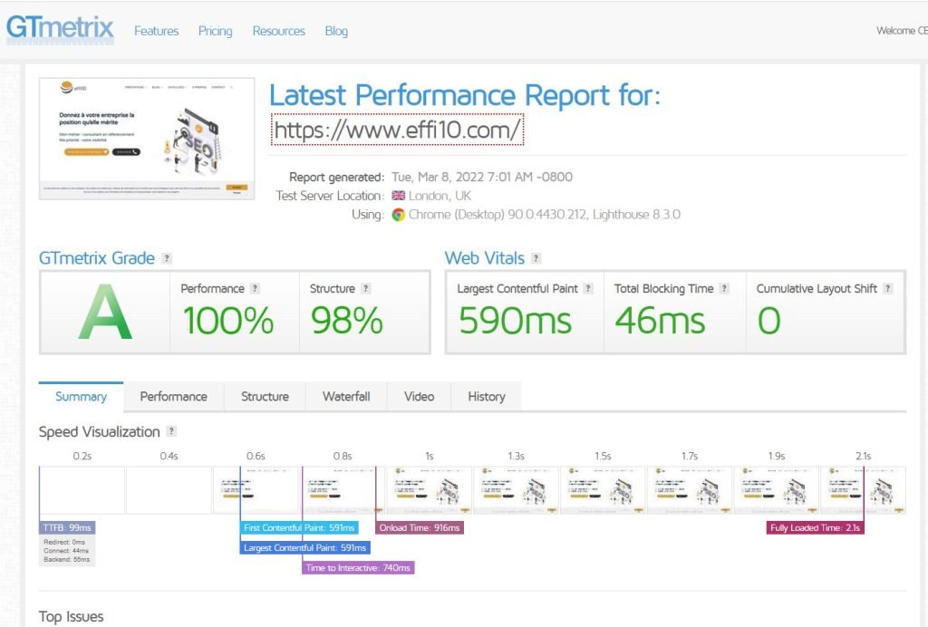 Performances web WordPress obtenues