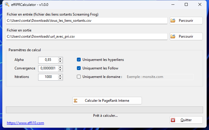 PRCalculator : l'outil de calcul de PageRank Interne à partir d'un fichier des liens sortants Screaming Frog